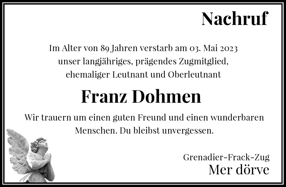  Traueranzeige für Franz Dohmen vom 13.05.2023 aus Rheinische Post