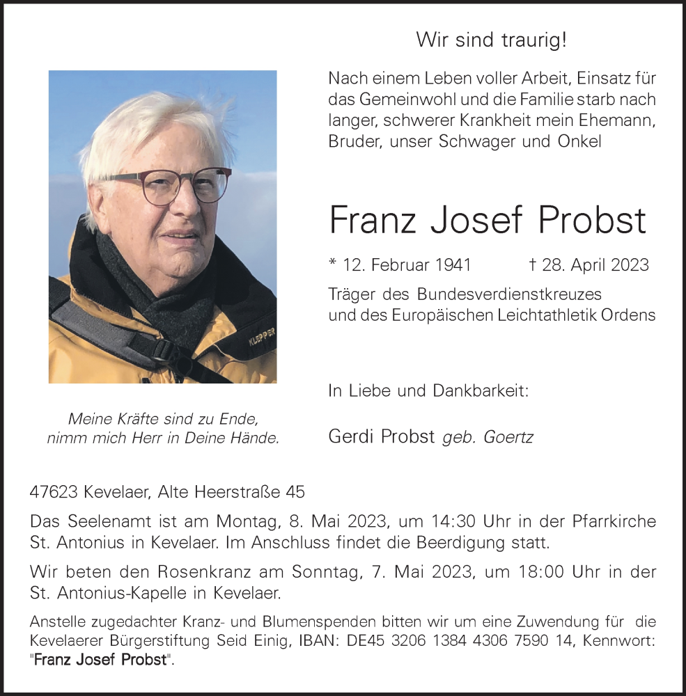  Traueranzeige für Franz Josef Probst vom 04.05.2023 aus Rheinische Post