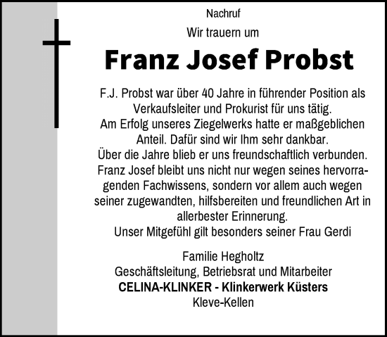 Traueranzeige von Franz Josef Probst von Rheinische Post