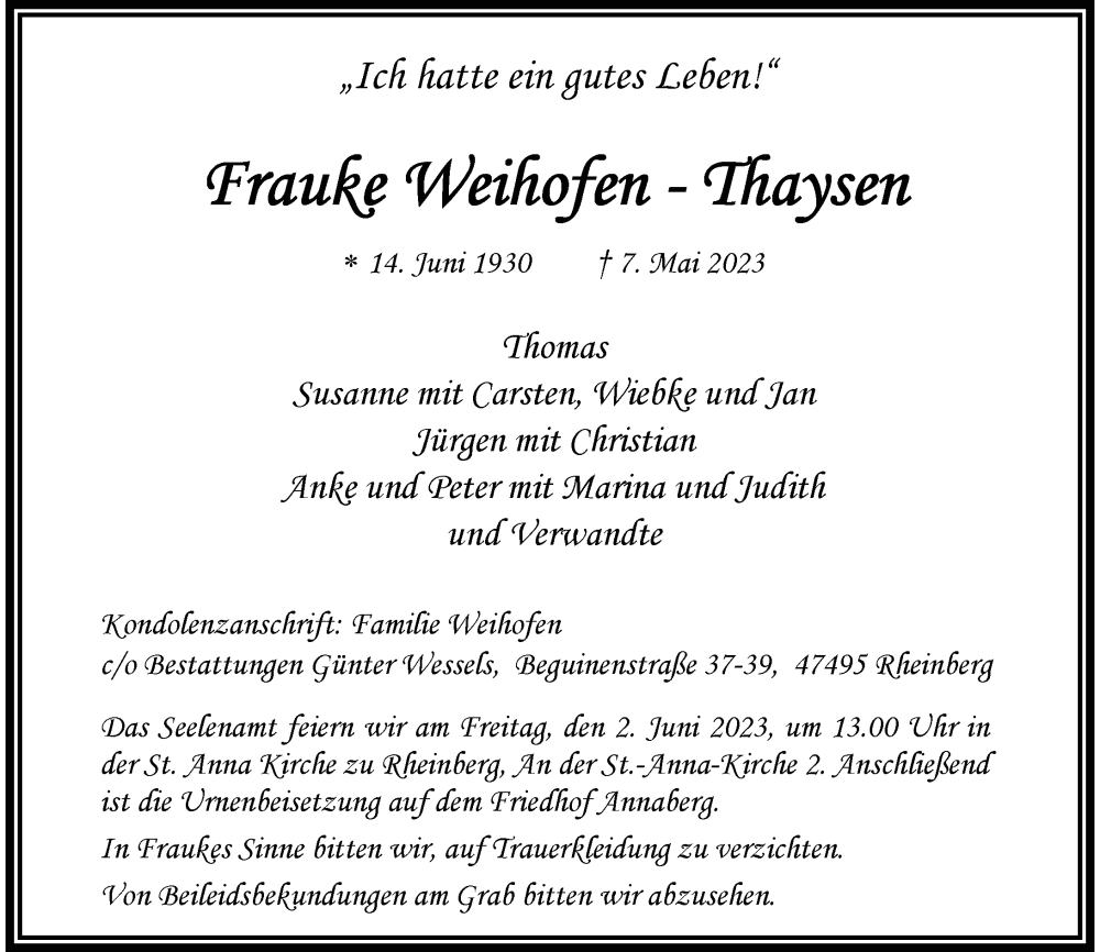  Traueranzeige für Frauke Weihofen-Thaysen vom 20.05.2023 aus Rheinische Post