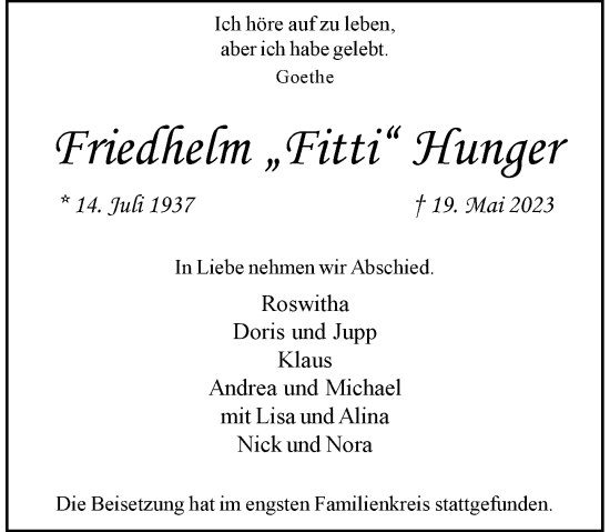 Traueranzeige von Friedhelm Hunger von Rheinische Post