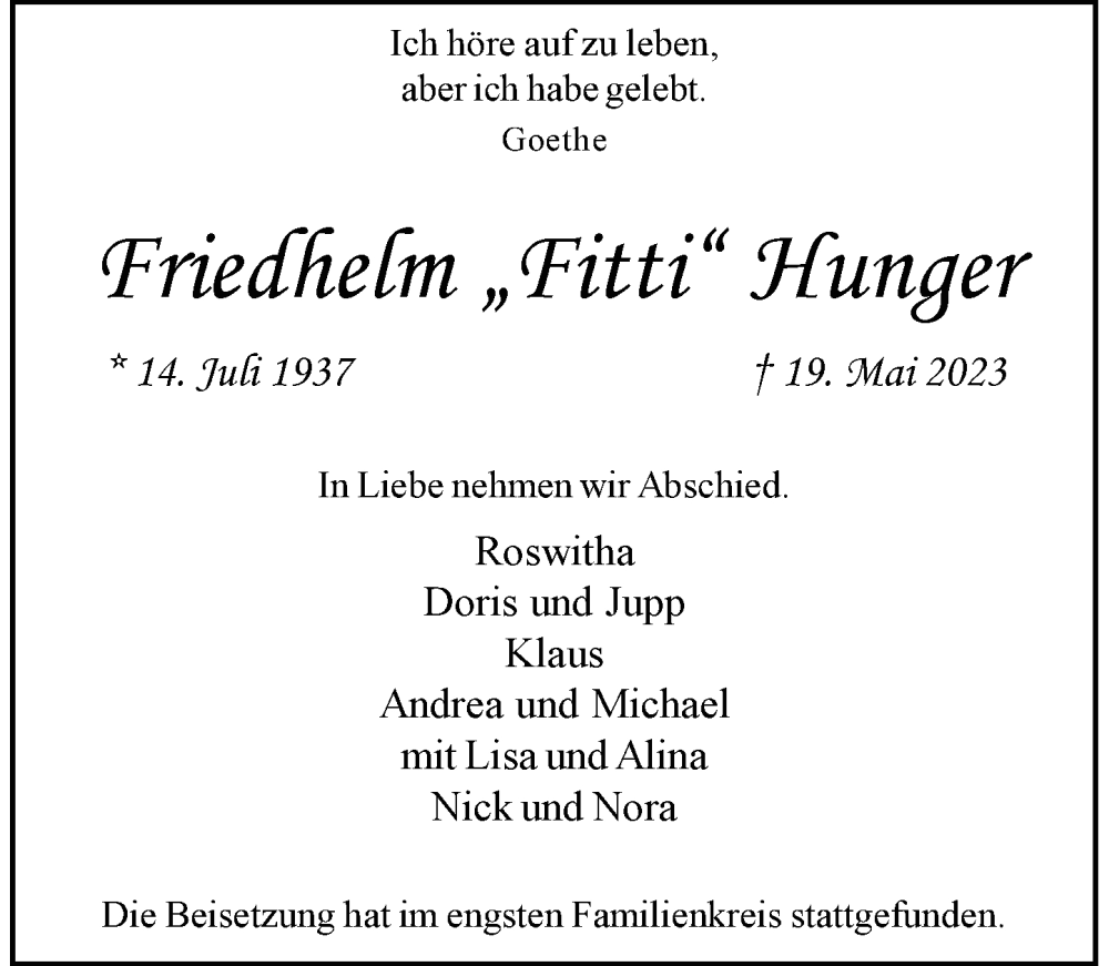  Traueranzeige für Friedhelm Hunger vom 27.05.2023 aus Rheinische Post
