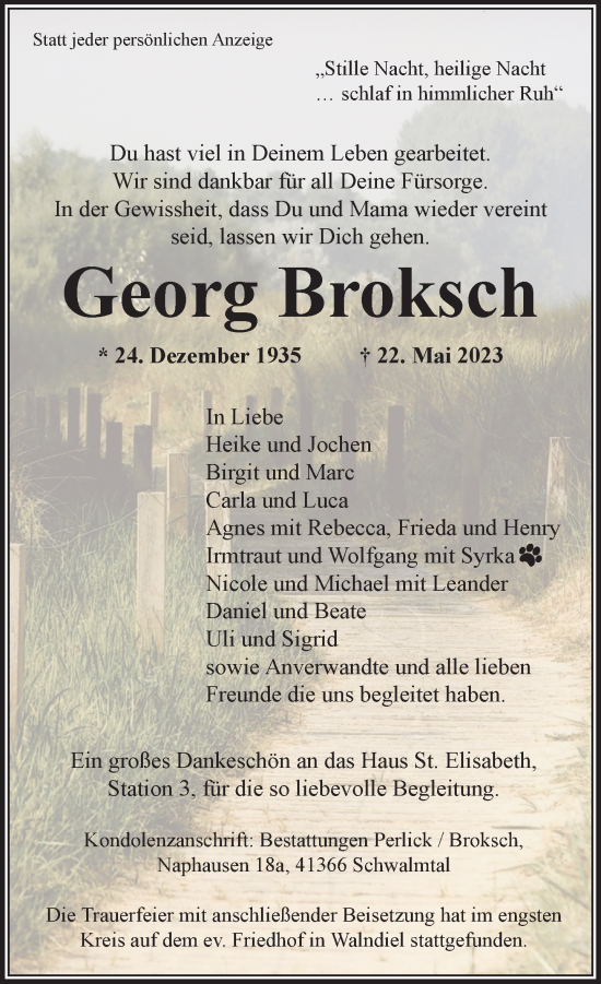 Traueranzeige von Georg Broksch von Rheinische Post