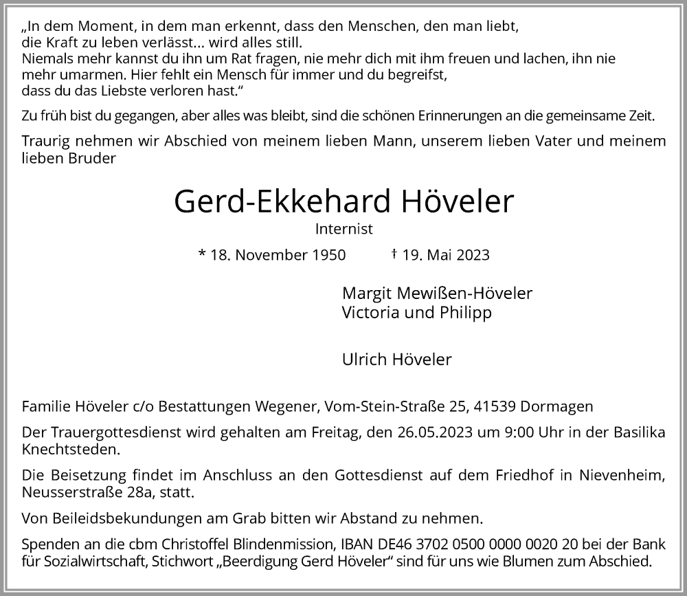  Traueranzeige für Gerd-Ekkehard Höveler vom 23.05.2023 aus Rheinische Post