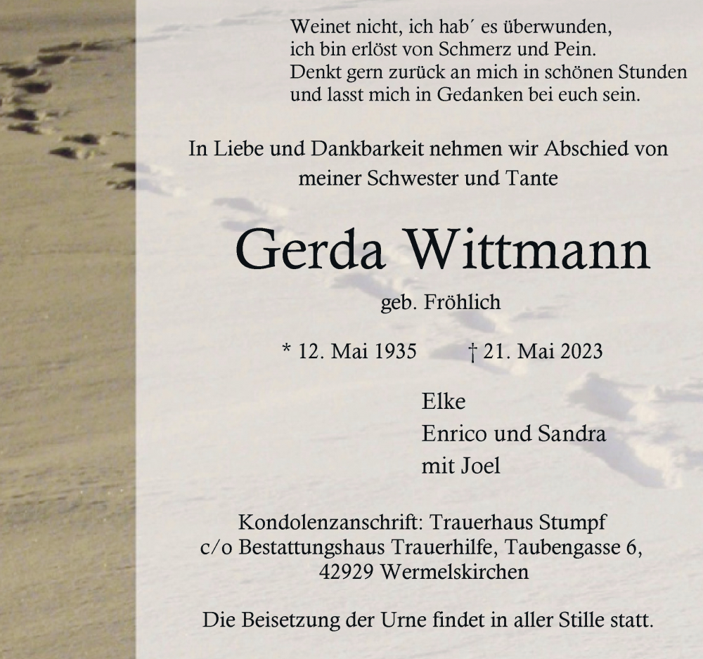  Traueranzeige für Gerda Wittmann vom 27.05.2023 aus Rheinische Post
