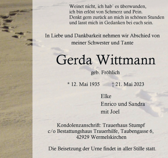 Traueranzeige von Gerda Wittmann von Rheinische Post