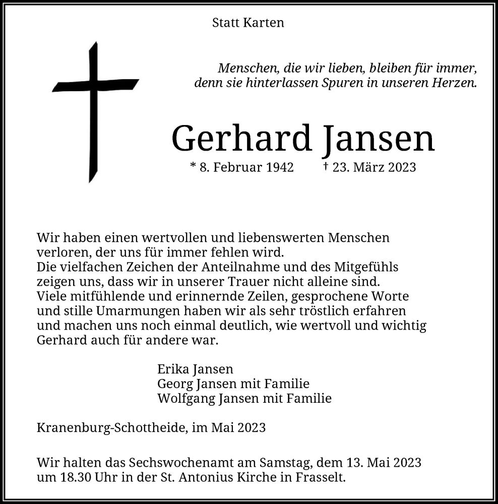  Traueranzeige für Gerhard Jansen vom 10.05.2023 aus Rheinische Post