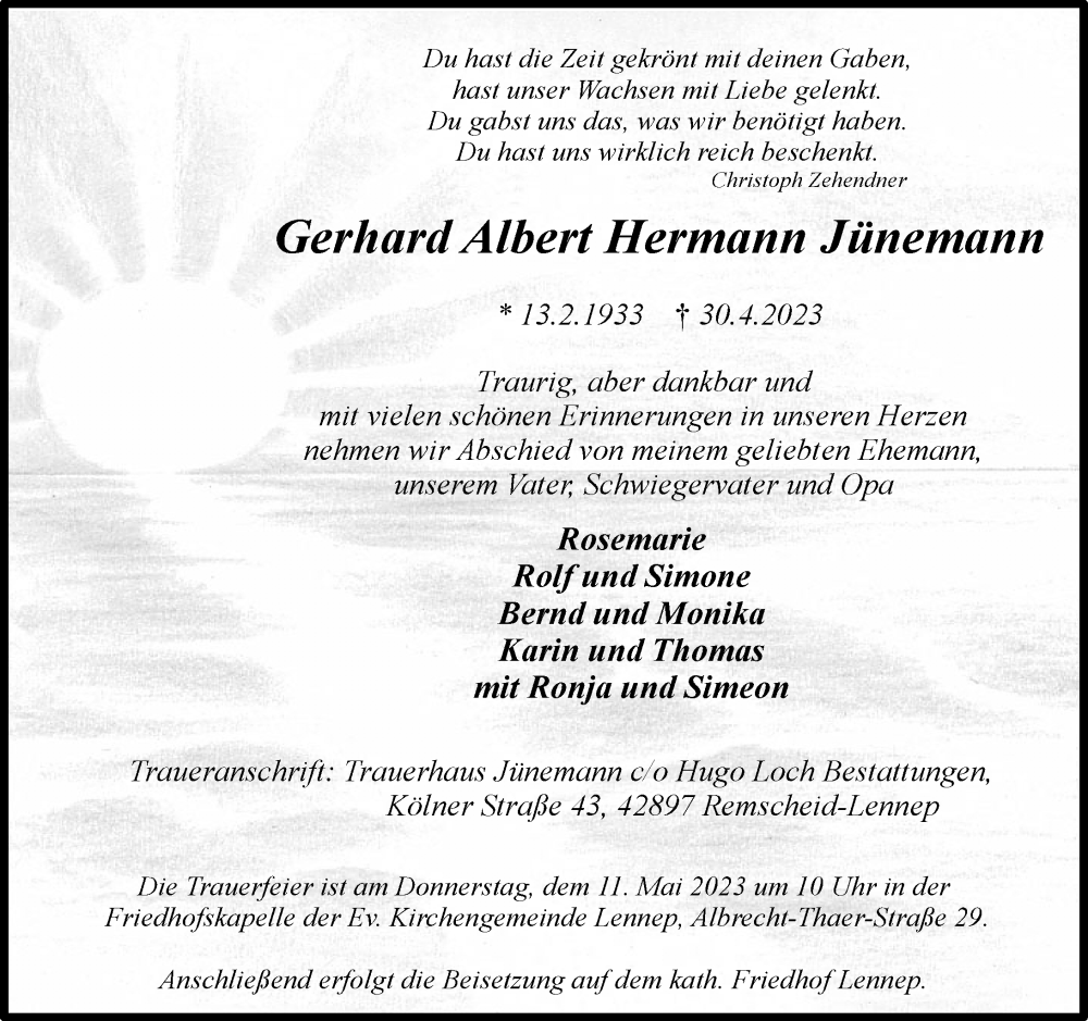  Traueranzeige für Gerhard Albert Hermann Jünemann vom 06.05.2023 aus Rheinische Post