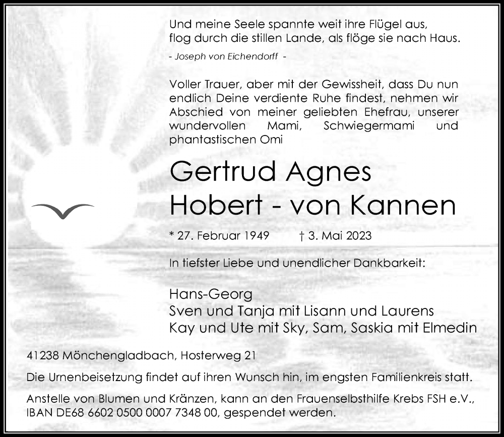  Traueranzeige für Gertrud Agnes Hobert - von Kannen vom 06.05.2023 aus Rheinische Post