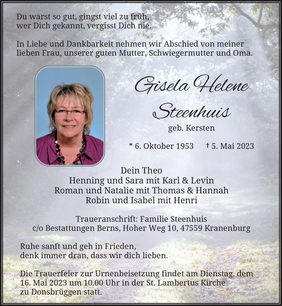 Traueranzeige für Gisela Helene Steenhuis vom 13.05.2023 aus Rheinische Post