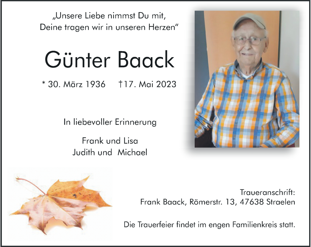  Traueranzeige für Günter Baack vom 27.05.2023 aus Rheinische Post