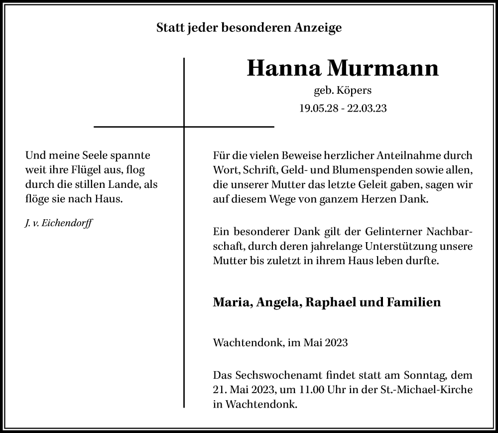  Traueranzeige für Hanna Murmann vom 06.05.2023 aus Rheinische Post