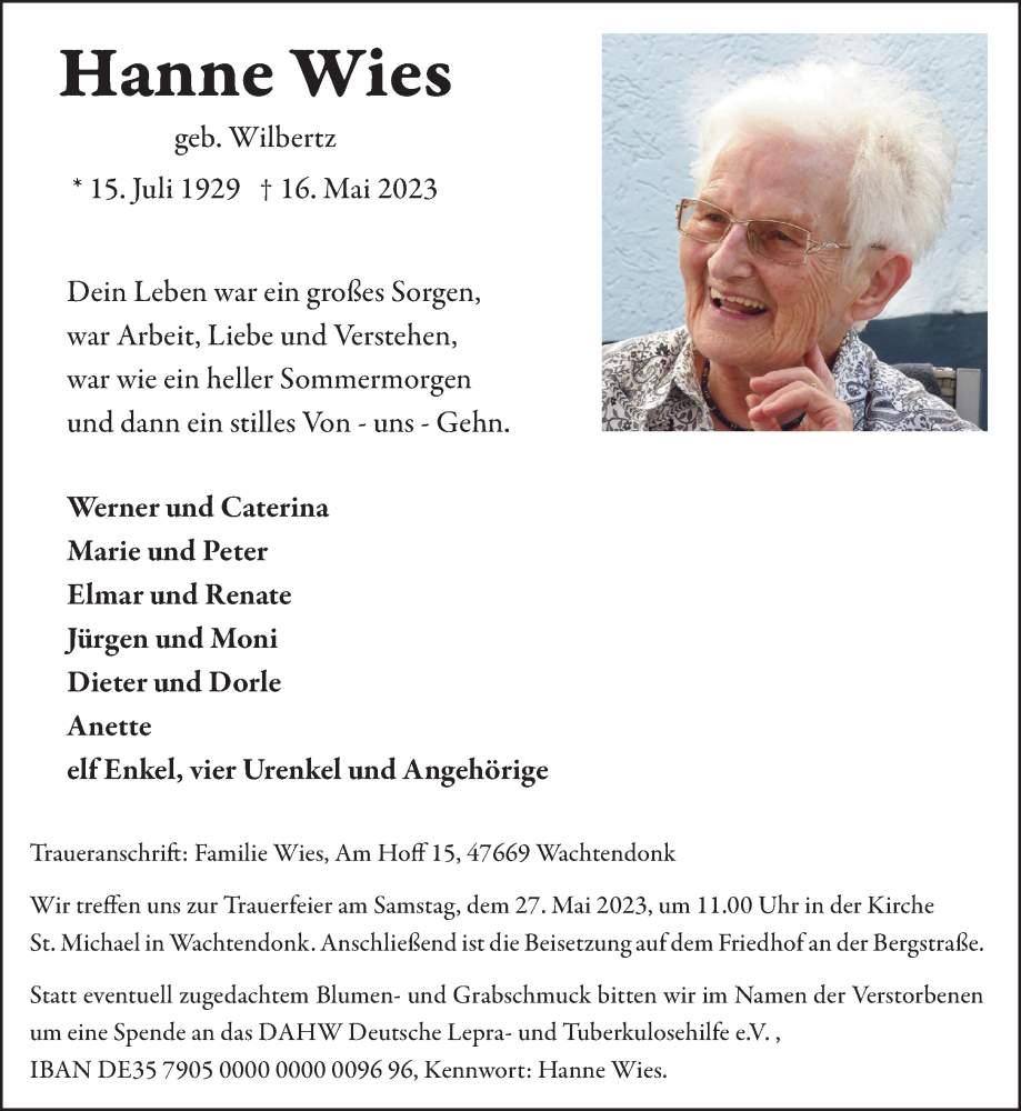  Traueranzeige für Hanne Wies vom 20.05.2023 aus Rheinische Post