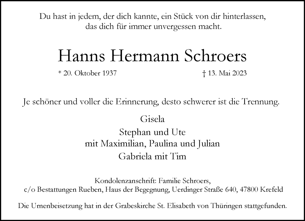  Traueranzeige für Hanns Hermann Schroers vom 27.05.2023 aus Rheinische Post