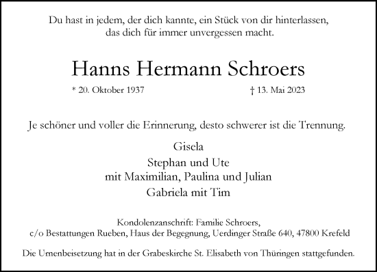 Traueranzeige von Hanns Hermann Schroers von Rheinische Post
