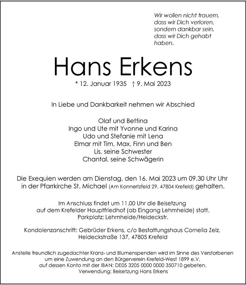  Traueranzeige für Hans Erkens vom 13.05.2023 aus Rheinische Post