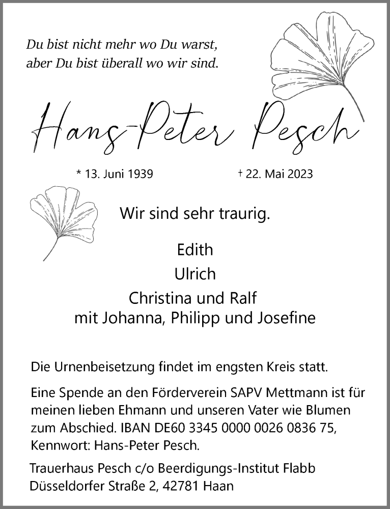  Traueranzeige für Hans-Peter Pesch vom 27.05.2023 aus Rheinische Post