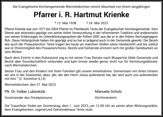 Traueranzeige von Hartmut Krienke von Rheinische Post