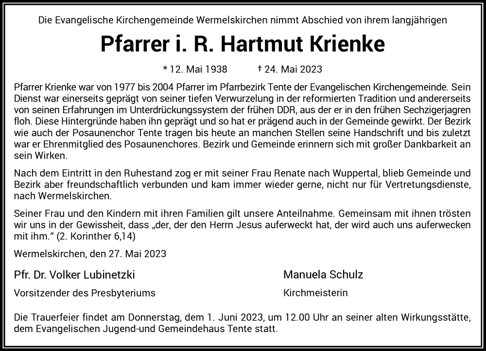  Traueranzeige für Hartmut Krienke vom 31.05.2023 aus Rheinische Post