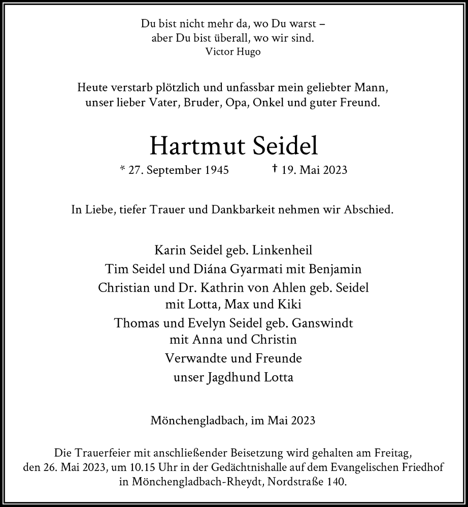  Traueranzeige für Hartmut Seidel vom 24.05.2023 aus Rheinische Post