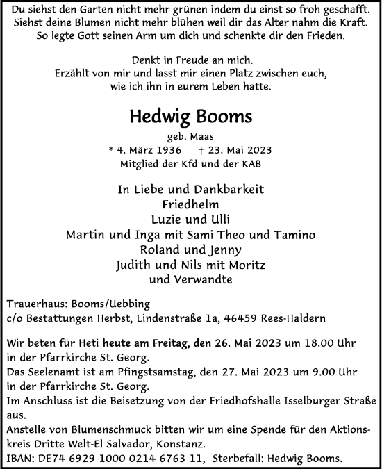 Traueranzeige von Hedwig Booms von Rheinische Post