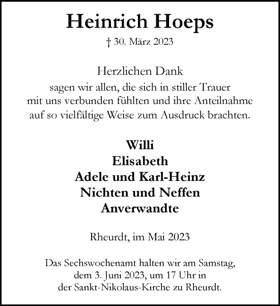 Traueranzeige von Heinrich Hoeps von Rheinische Post