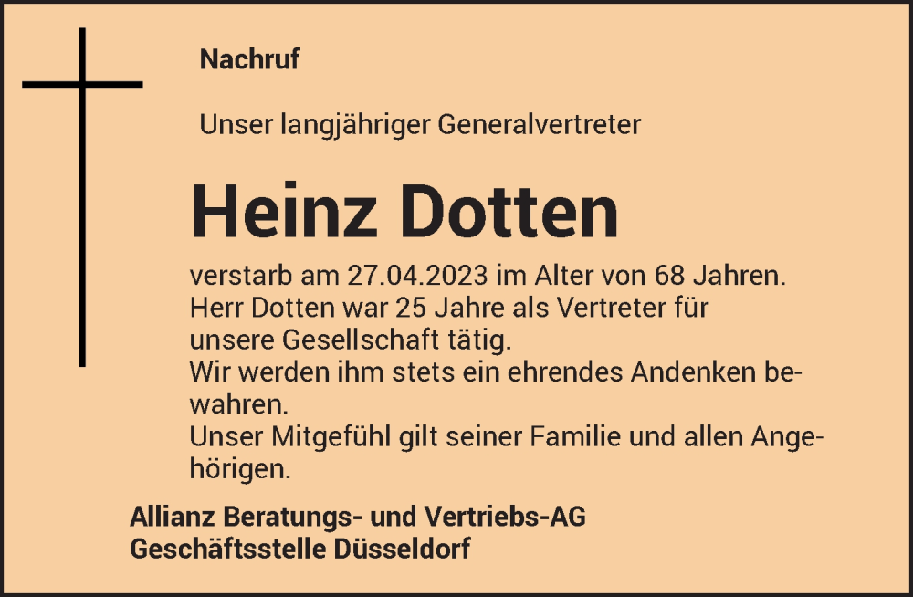  Traueranzeige für Heinz Dotten vom 13.05.2023 aus Rheinische Post