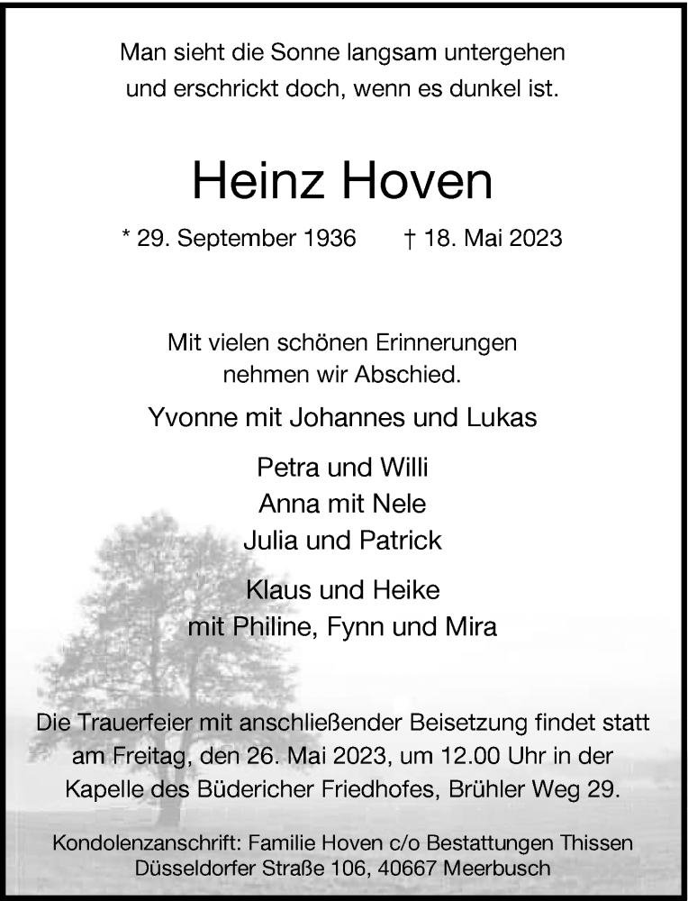  Traueranzeige für Heinz Hoven vom 24.05.2023 aus Rheinische Post