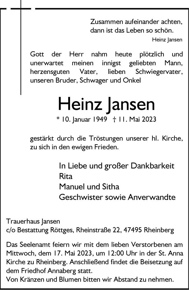  Traueranzeige für Heinz Jansen vom 13.05.2023 aus Rheinische Post