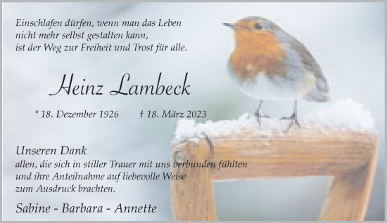 Traueranzeige von Heinz Lambeck von Rheinische Post