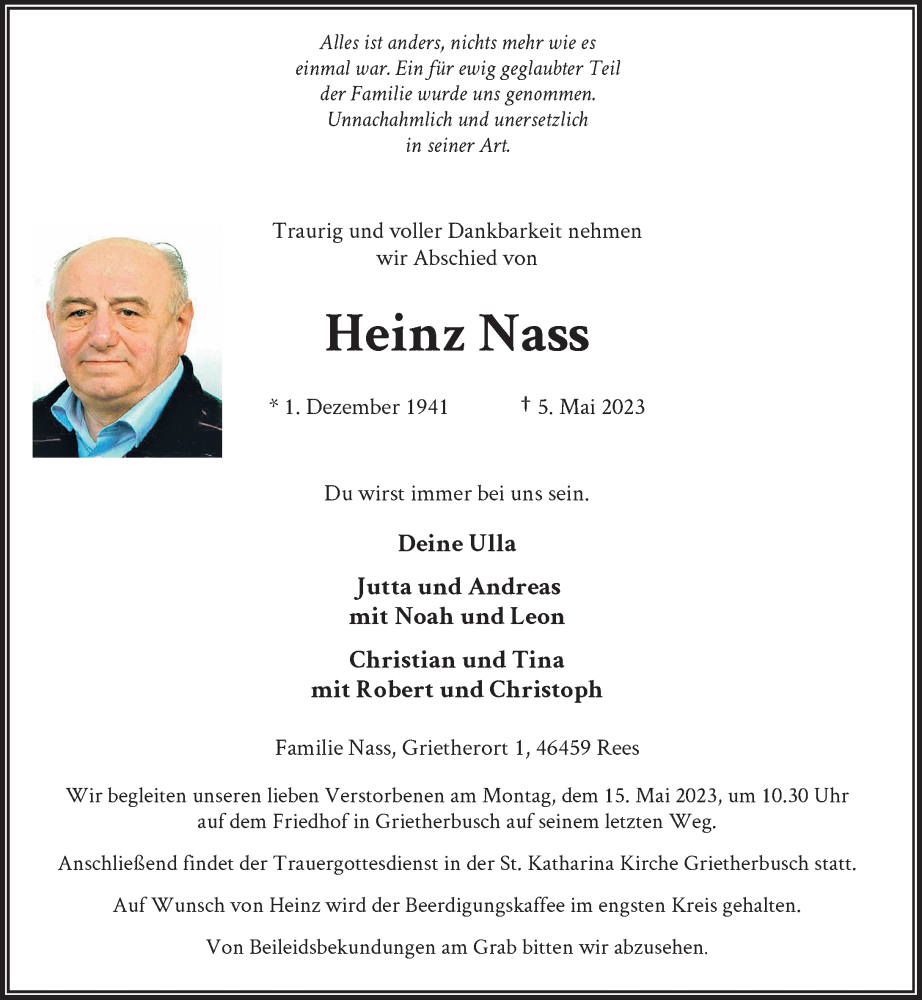  Traueranzeige für Heinz Nass vom 10.05.2023 aus Rheinische Post