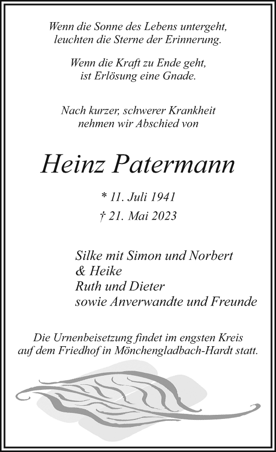 Traueranzeige von Heinz Patermann von Rheinische Post