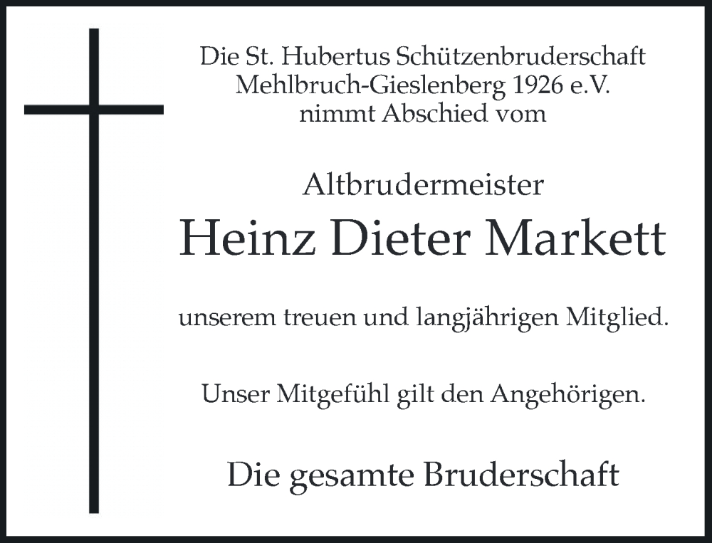  Traueranzeige für Heinz Dieter Markett vom 13.05.2023 aus Rheinische Post