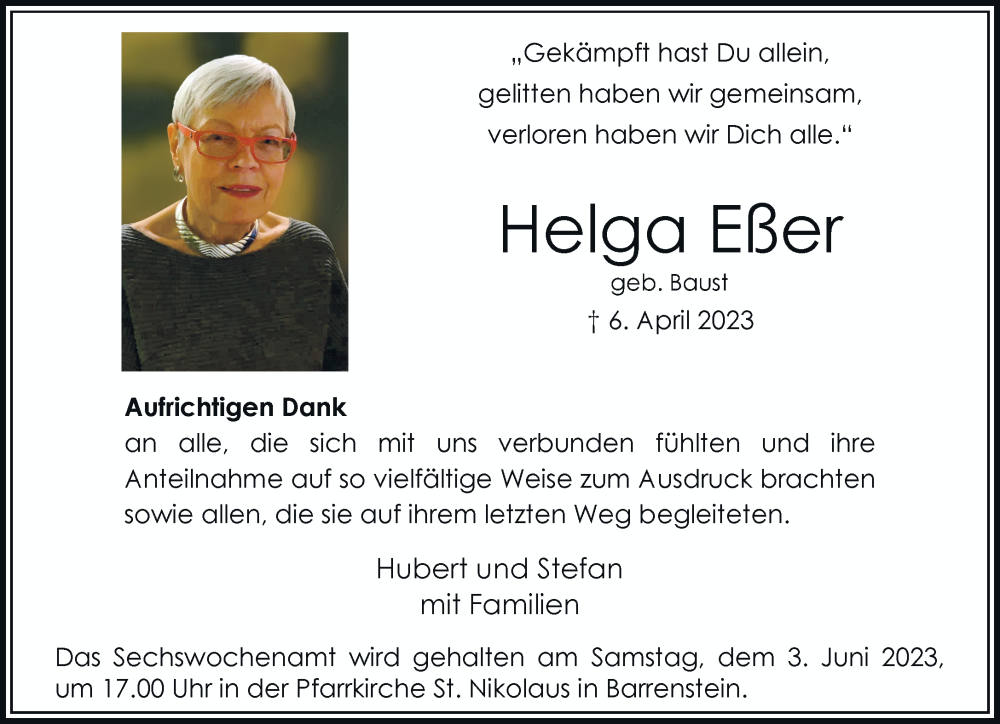  Traueranzeige für Helga Eßer vom 27.05.2023 aus Rheinische Post