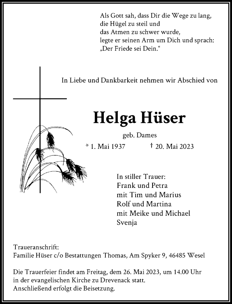  Traueranzeige für Helga Hüser vom 24.05.2023 aus Rheinische Post