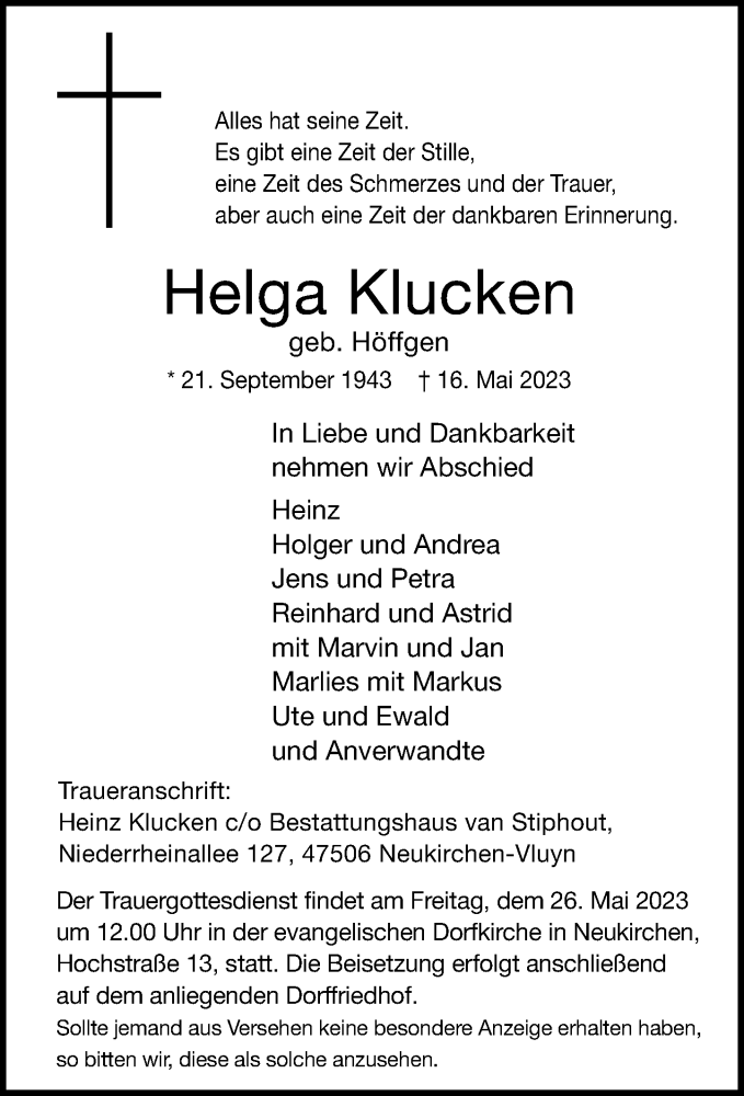  Traueranzeige für Helga Klucken vom 22.05.2023 aus Rheinische Post