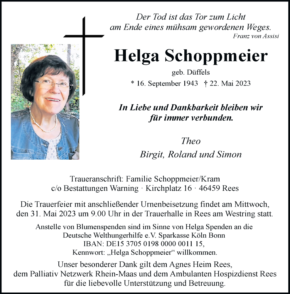  Traueranzeige für Helga Schoppmeier vom 26.05.2023 aus Rheinische Post