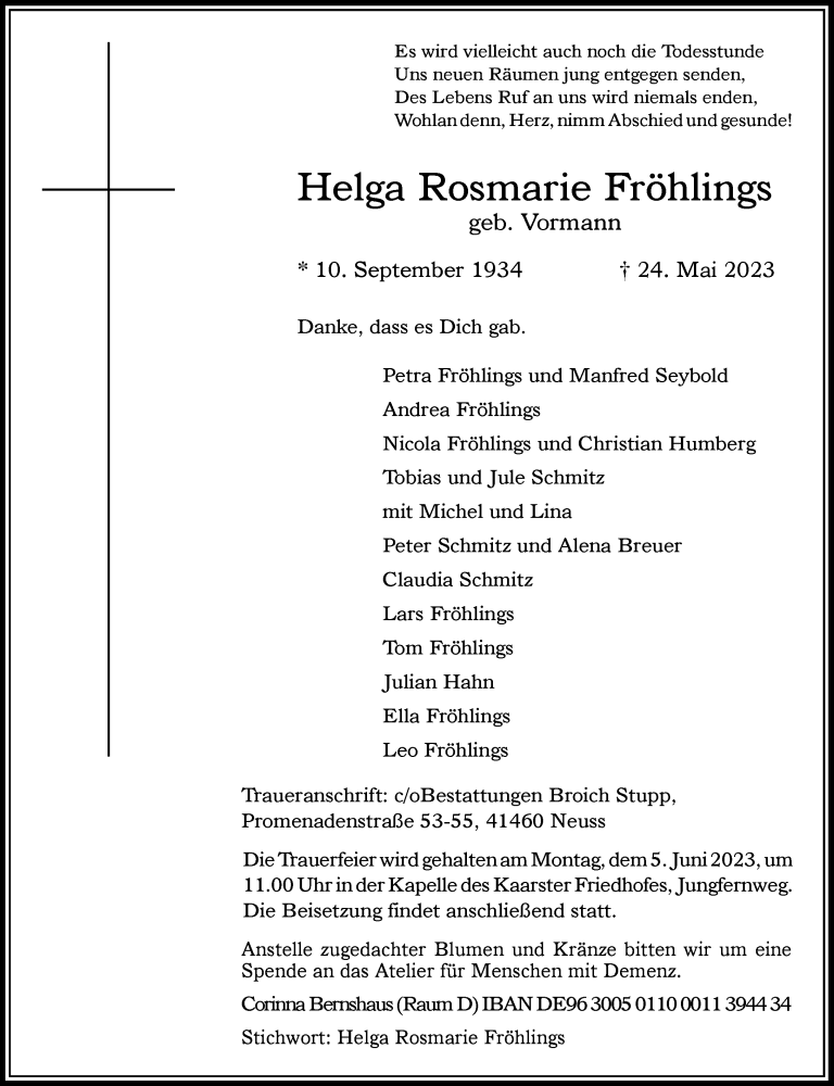  Traueranzeige für Helga Rosmarie Fröhlings vom 27.05.2023 aus Rheinische Post