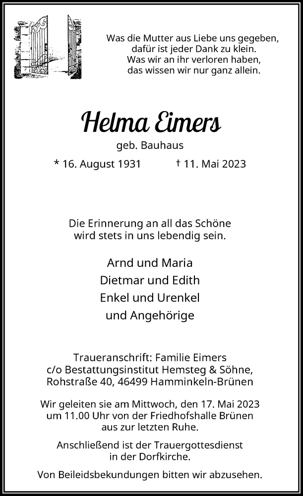  Traueranzeige für Helma Eimers vom 13.05.2023 aus Rheinische Post