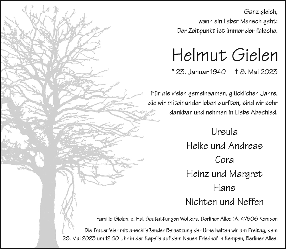  Traueranzeige für Helmut Gielen vom 20.05.2023 aus Rheinische Post