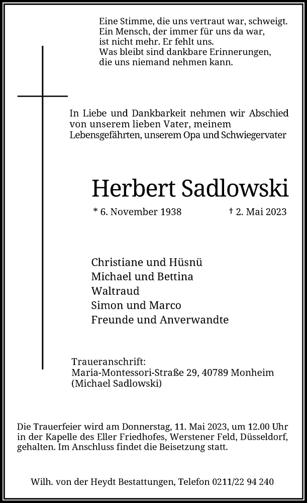  Traueranzeige für Herbert Sadlowski vom 06.05.2023 aus Rheinische Post