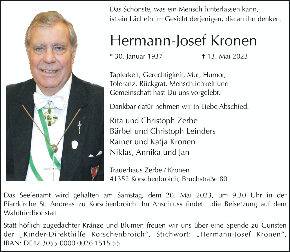  Traueranzeige für Hermann-Josef Kronen vom 17.05.2023 aus Rheinische Post