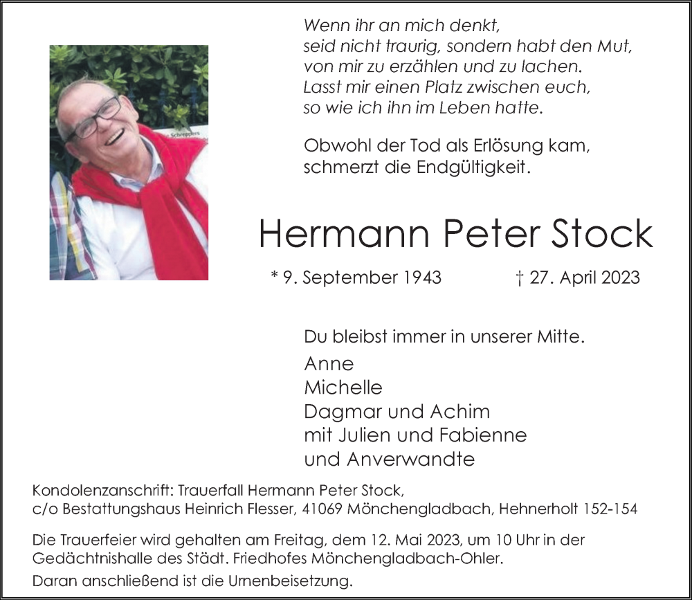  Traueranzeige für Hermann Peter Stock vom 10.05.2023 aus Rheinische Post