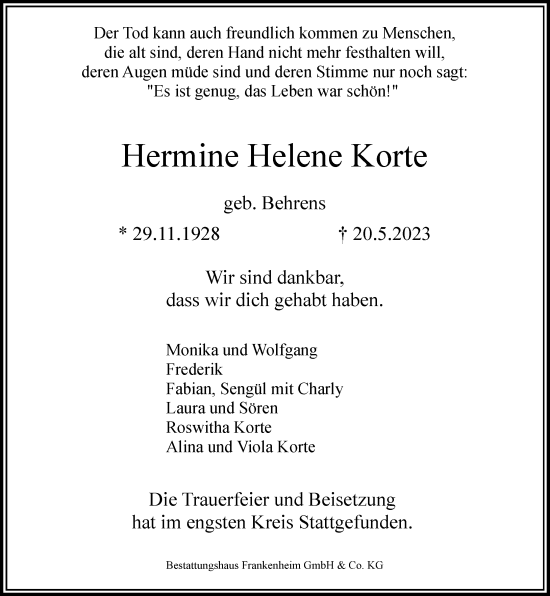 Traueranzeige von Hermine Helene Korte von Rheinische Post