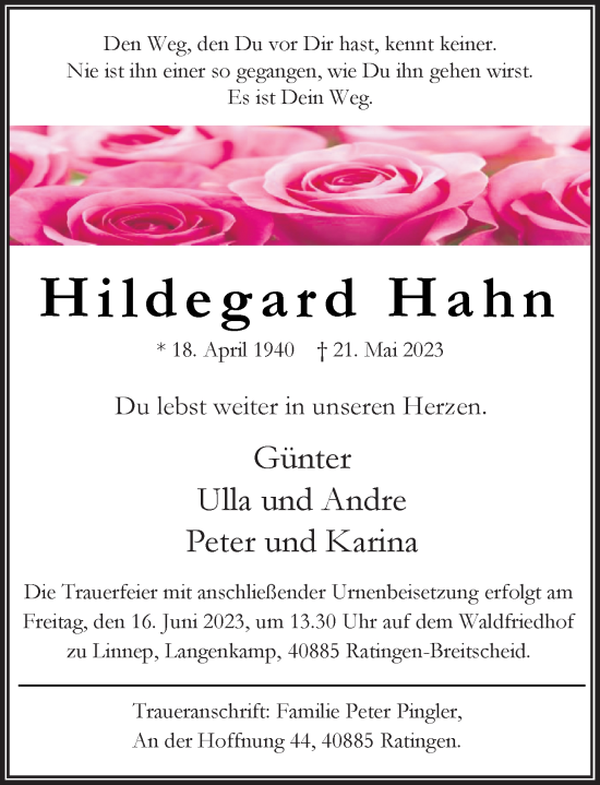 Traueranzeige von Hildegard Hahn von Rheinische Post