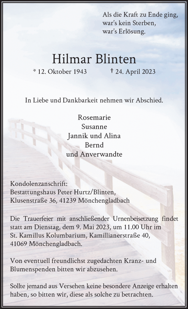  Traueranzeige für Hilmar Blinten vom 06.05.2023 aus Rheinische Post