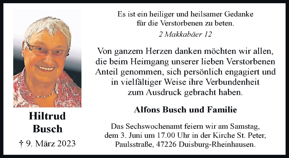  Traueranzeige für Hiltrud Busch vom 20.05.2023 aus Rheinische Post