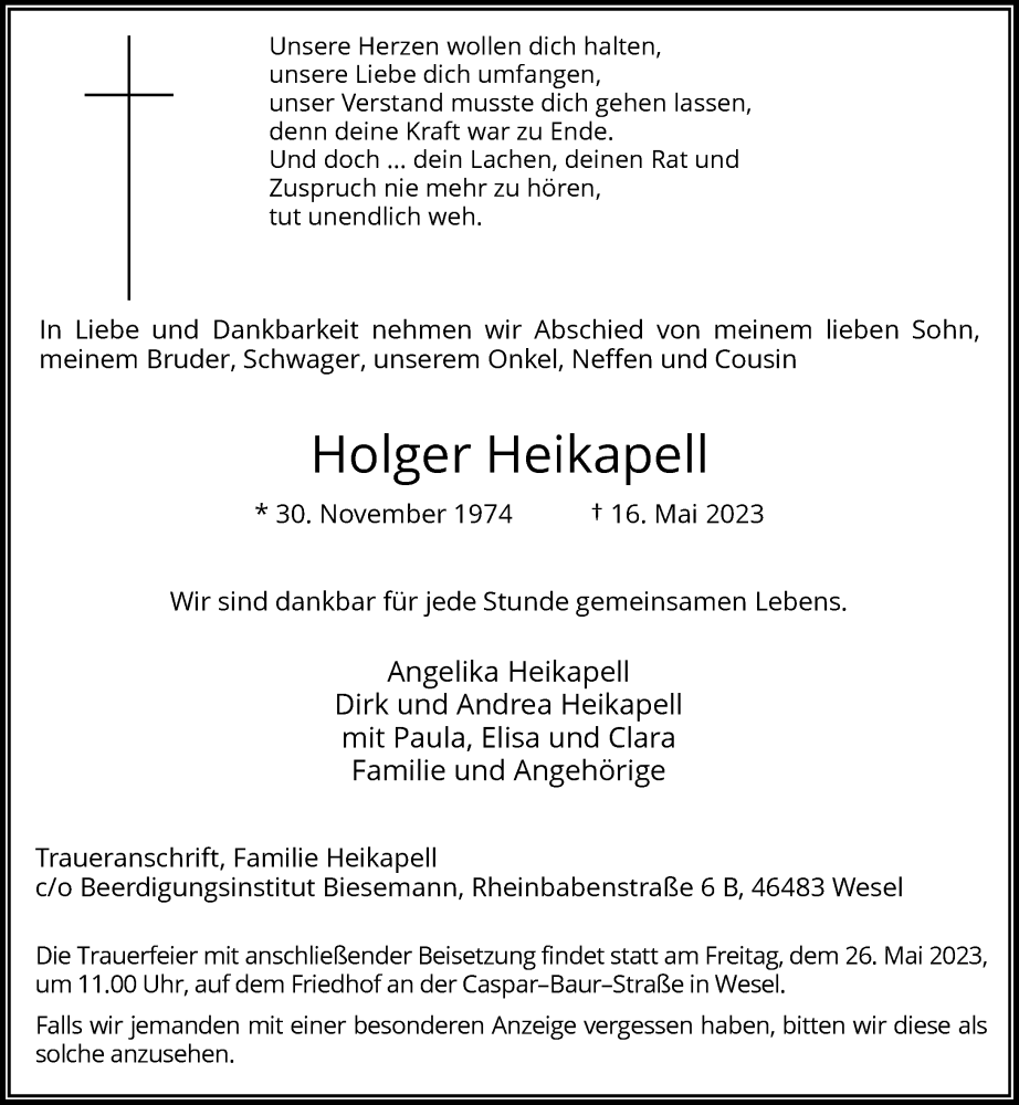  Traueranzeige für Holger Heikapell vom 23.05.2023 aus Rheinische Post