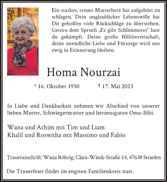 Traueranzeige von Homa Nourzai von Rheinische Post