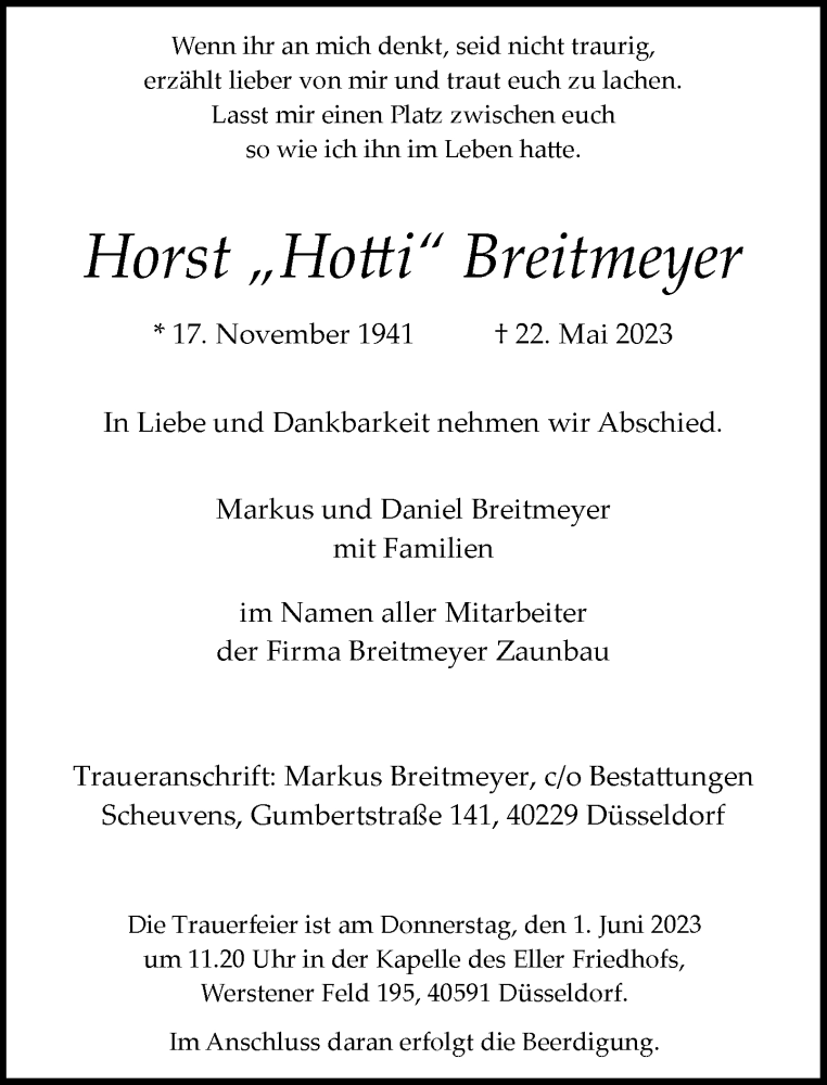  Traueranzeige für Horst Breitmeyer vom 27.05.2023 aus Rheinische Post